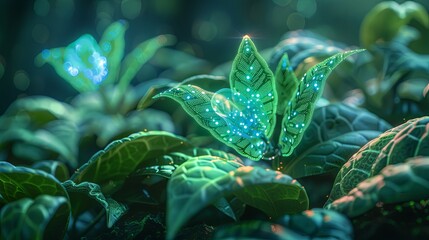 Digital art of a mystical forest scene with leaves emitting a bioluminescent glow, creating an enchanting and serene ambiance.