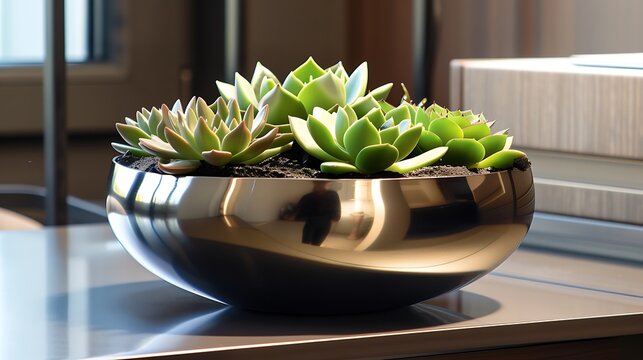 A sleek, oval-shaped vase with a metallic finish, holding a neat arrangement of green succulents on a home office desk
