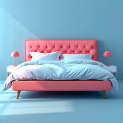 Pink bed in a room with blue walls and a blue background