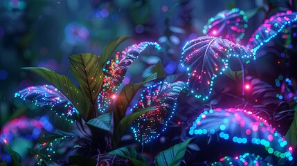 A vibrant display of fantasy flowers glowing with neon light in a mystical garden setting, illustrating a magical and dreamy scene.