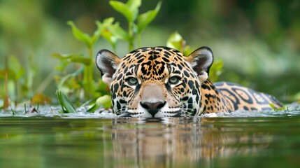 AI generated illustration of a jaguar swimming in a river