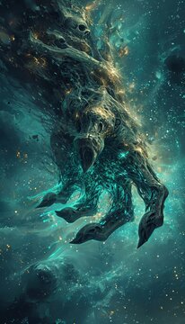 A mystical image of a glowing hand reaching out from the depths of a turquoise underwater world.