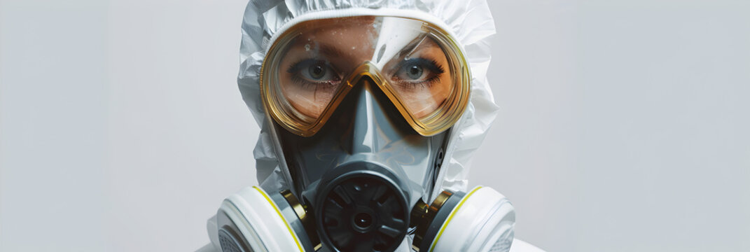  Portrait of man in the protective mask. Worker in uniform is in the auto service and white transparent background, Woman in a protective suit gas mask in germ war   
  