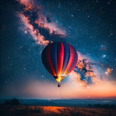 the sky filled with bright stars and a hot air balloon