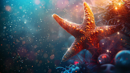 Starfish with magical glow underwater.