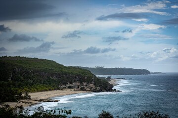Aerial view of lush green forests on the beach and clear blue sea in Puerto Rico
