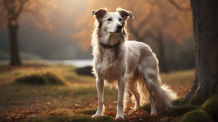{A photorealistic image of a Silken Windhound dog standing gracefully in a natural outdoor setting. The dog should be depicted with silky fur, capturing its elegant and slender build. The background s