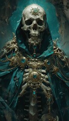 Artistic representation of a skeletal figure clad in elaborate royal attire, exuding dark fantasy vibes.