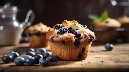 {A photorealistic image of a freshly baked blueberry muffin placed on a rustic wooden table. The muffin should be detailed, showcasing the texture of the golden-brown crust and the bursting blueberrie - obrazy, fototapety, plakaty