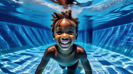Cute happy black boy child dive underwater and have Fun of swimming. Portrait little afro kid swimmer in the Swimming Pool. Summer kids activity, water sports