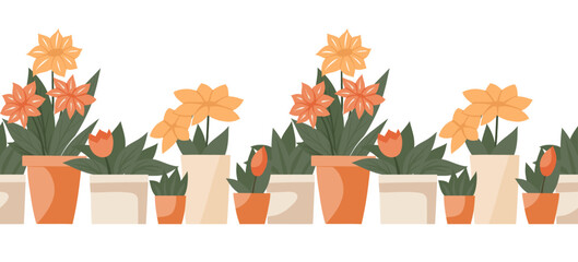 Vector seamless border with flowers and leaves in various pots isolated from background. Hobby garden. Horizontal frieze with flat illustration of lilies in vases for frames, brushes.