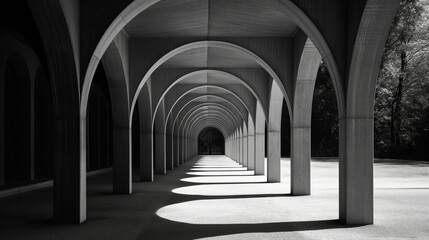 AI generated illustration of a corridor with dim lighting, arches in grayscale - obrazy, fototapety, plakaty
