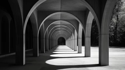 Fotobehang AI generated illustration of a corridor with dim lighting, arches in grayscale © Wirestock