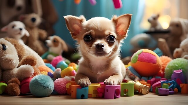 (((A tiny Chihuahua puppy))) surrounded by an array of colorful (((toys))). The puppy's expression is ((curious)) and ((playful)), reflecting its joyful demeanor. This photorealistic image is perfect 