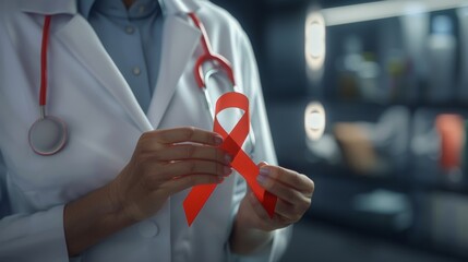 Hand holding Red Ribbon for December World Aids Day.