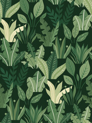 Vector seamless pattern with flat hand drawn plants and greenery on dark background. Texture with bushes of greenery at night. Botanical surface design for fabrics, wallpaper and clothing.
