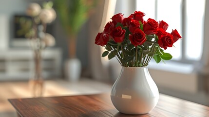 A sleek, white ceramic vase with an asymmetric design, filled with vibrant red roses on a polished wooden table