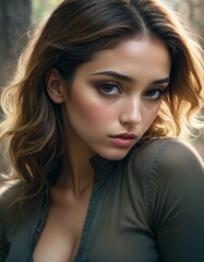 Close-up of a young woman with captivating brown eyes and wavy hair, giving a soft, introspective gaze against a blurred backdrop.