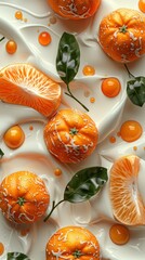 A composition featuring few tangerine elements in a white milky texture, evoking freshness and simplicity