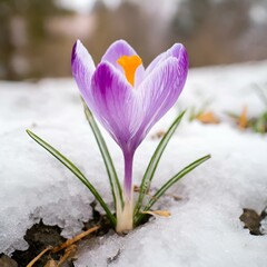 a single purple flower grows out of the snow on a cold day