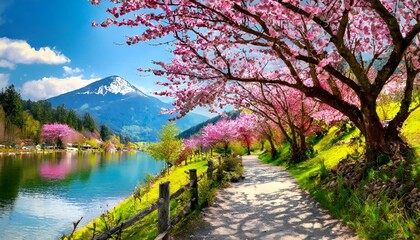 a walkway that leads down to a lake with flowering trees and mountains