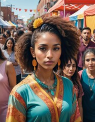 A young woman with curly hair and colorful attire stands out in a crowded street festival, exuding confidence and cultural pride.