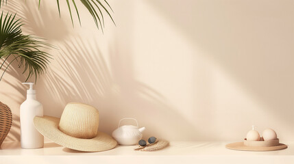 Fototapeta na wymiar Minimalist summer skincare products with stylish accessories, capturing a relaxing vacation vibe