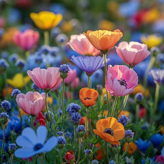 Obraz premium Red and yellow gerbera bouquet with daisies and chrysanthemums in vibrant bloom amidst colorful petals, capturing the beauty of spring and summer flora