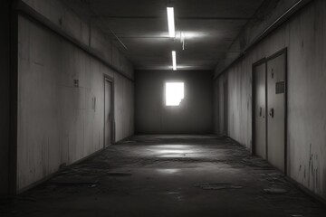 AI generated illustration of a Monochrome empty corridor with light streaming through doors
