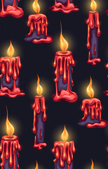 Vector seamless mystic pattern with red wax candles. Ritual texture with burning candles on a dark background for wallpaper, fabrics. Surface design on the theme of religion and faith - 784351243