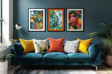 AI-generated illustration of a green sofa with colorful pillows with tropical artwork on the wall