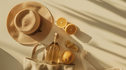 Tropical Summer Refreshments and Beach Decor Flat Lay, Overhead view of summer beach accessories and citrus refreshments on a sandy background