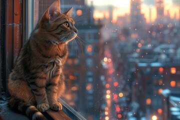 AI generated illustration of a tabby cat perched on a windowsill of a high-rise apartment