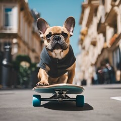 AI generated illustration of a bulldog riding a skateboard in the street - obrazy, fototapety, plakaty
