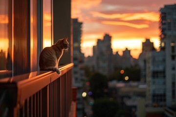 AI generated illustration of a cat perched on a windowsill gazes outside at sunset - obrazy, fototapety, plakaty