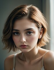 An intimate portrait of a young woman with short wavy hair, featuring her contemplative gaze and subtle smile against an indoor backdrop.