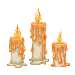Vector set of cartoon white wax candles with lights. Religion and faith. Collection cliparts of candles on a white background for mobile games, condolence letters and invitations