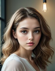 Close-up portrait of a young woman with wavy hair and striking eyes, exuding a sense of calm and beauty in a softly lit setting.