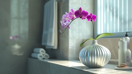 A sophisticated, flared vase with a pearly finish, holding a spray of exotic purple orchids on a spa-like bathroom counter