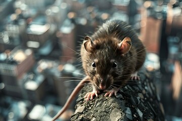 AI-generated illustration of A rat perched on a metal railing, gazing at a cityscape