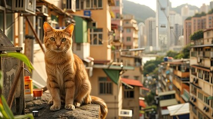 AI-generated illustration of An orange cat perched on a high ledge - obrazy, fototapety, plakaty