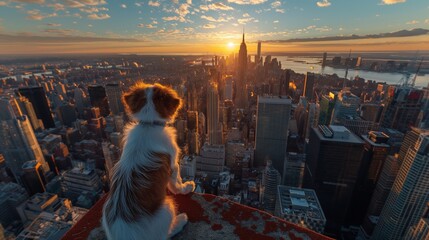 a dog sitting on top of a ledge next to the city