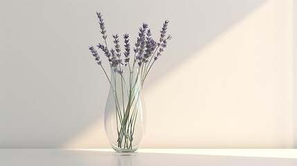 A tall, clear vase with a simple, elegant design, filled with long-stemmed lavender on a bright...