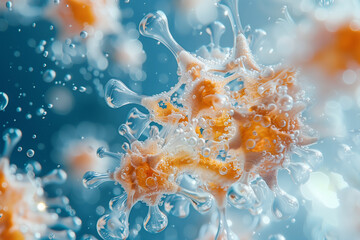 Close-up of orange transparent sea creature amidst bubbles in blue water macro wallpaper background