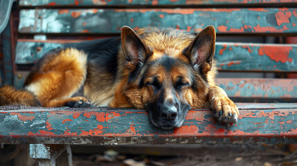 a dog sitting on a bench with his head resting on it's paw