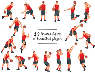 18 basketball players in red jersey standing with the ball, running, jumping, throwing, dunking, shooting, passing the ball