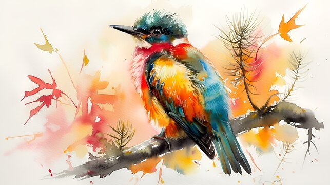 a colorful bird perched on top of a tree branch while painted by watercolor