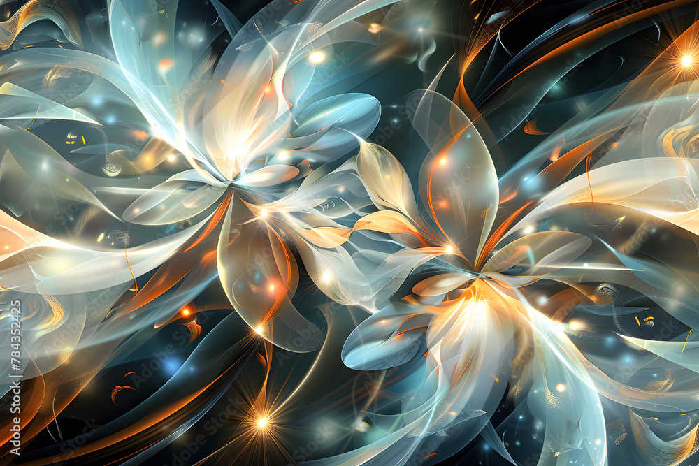 Poster an abstract fractal flower with glowing elements and swirling patterns in a cosmic setting.