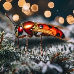 AI generated illustration of a beetle perched on a fir tree near twinkling lights