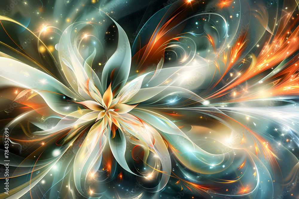 Poster an abstract fractal flower with glowing elements and swirling patterns in a cosmic setting.